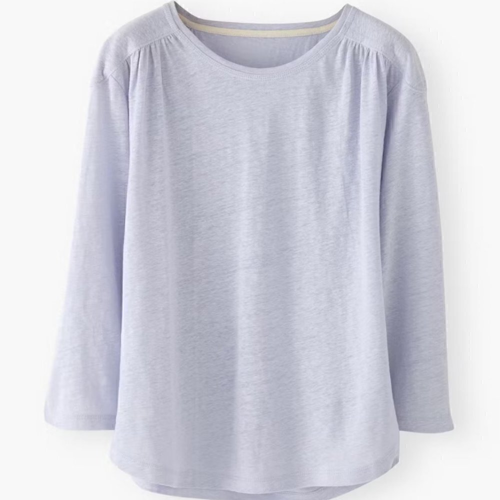 Wrap London 100% Linen Gathered Shoulder Three-Quarter Sleeve Lilac Tee Size 14